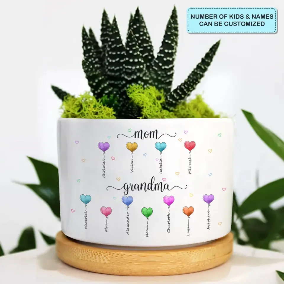 Personalized Plant Pot - Mother's Day, Birthday Gift For Grandma, Mom - Mom Grandma Heart Balloons ARND0014