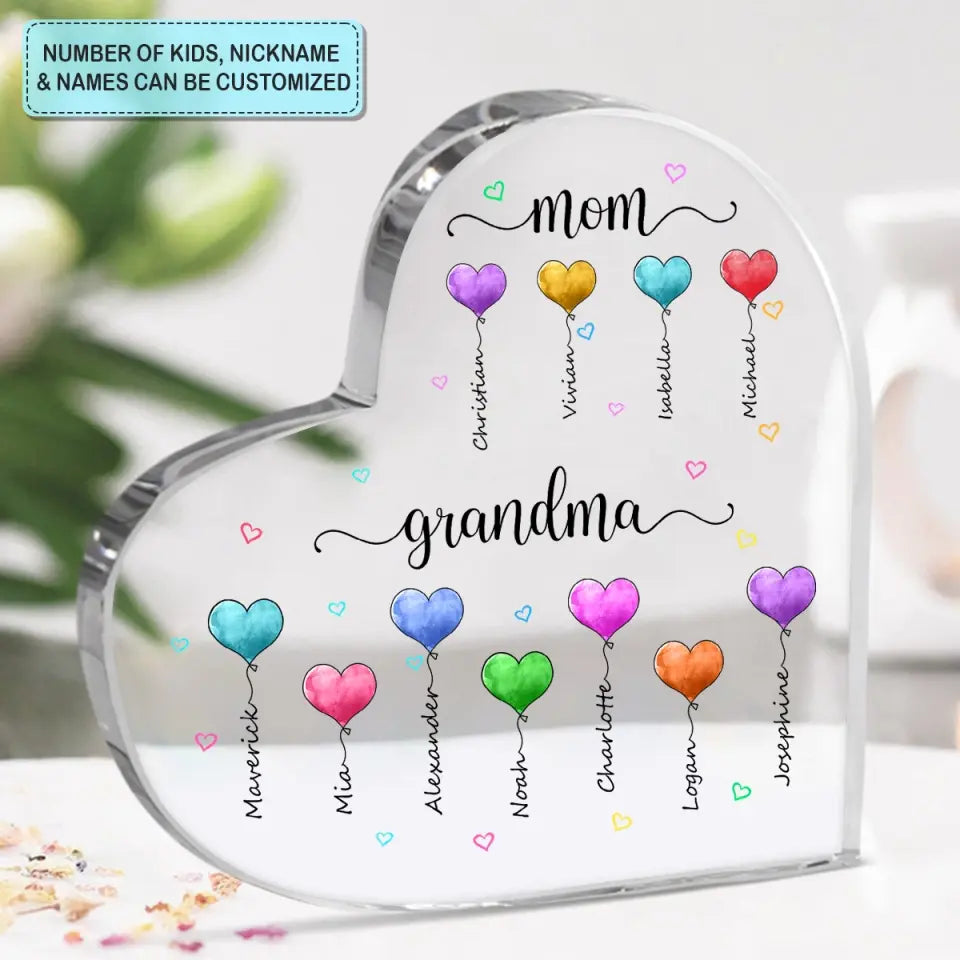Personalized Heart-shaped Acrylic Plaque - Mother's Day, Birthday Gift For Mom, Grandma - Mom Grandma Heart Balloons ARND0018