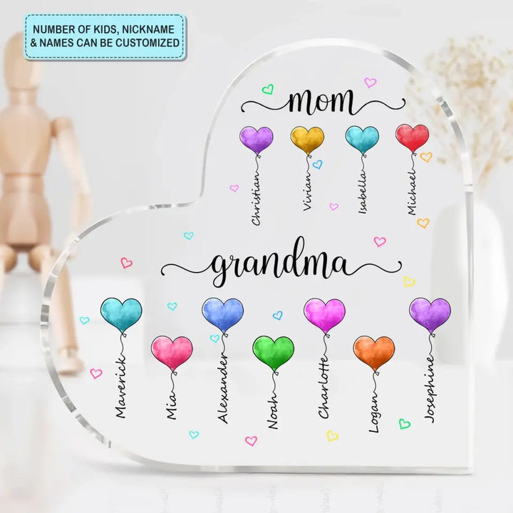 Personalized Heart-shaped Acrylic Plaque - Mother's Day, Birthday Gift For Mom, Grandma - Mom Grandma Heart Balloons ARND0018