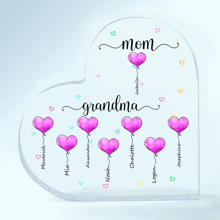 Personalized Heart-shaped Acrylic Plaque - Mother's Day, Birthday Gift For Mom, Grandma - Mom Grandma Heart Balloons ARND0018