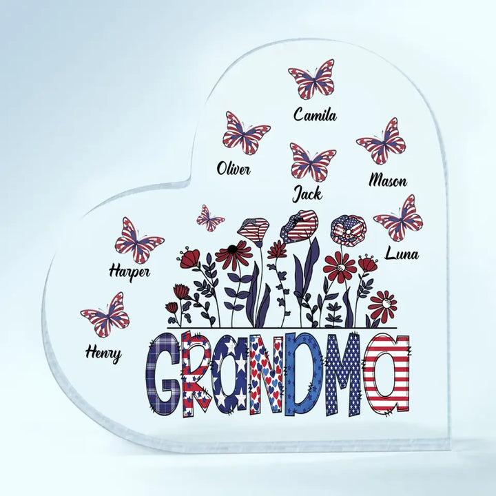 Personalized Heart-shaped Acrylic Plaque - Independence Day, Mother's Day, Birthday Gift For Mom, Grandma - Grandma Flower 4th Of July ARND0014