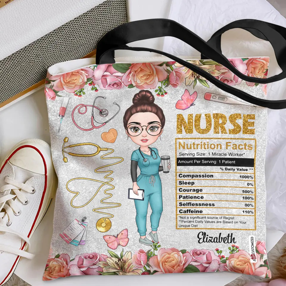 Personalized Tote Bag - Birthday, Nurse's Day Gift For Nurse - Nurse Nutrition Facts Floral
