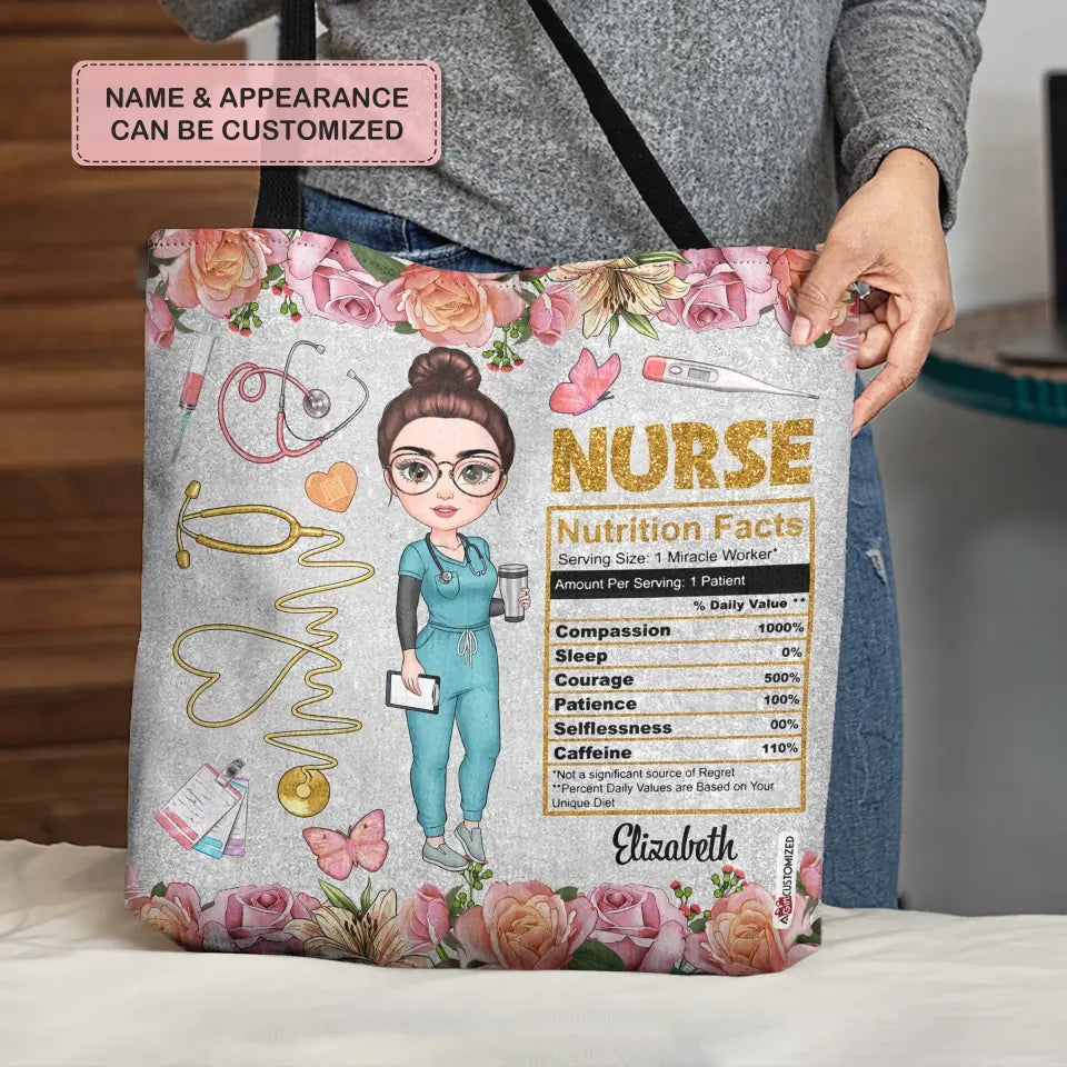 Personalized Tote Bag - Birthday, Nurse's Day Gift For Nurse - Nurse Nutrition Facts Floral