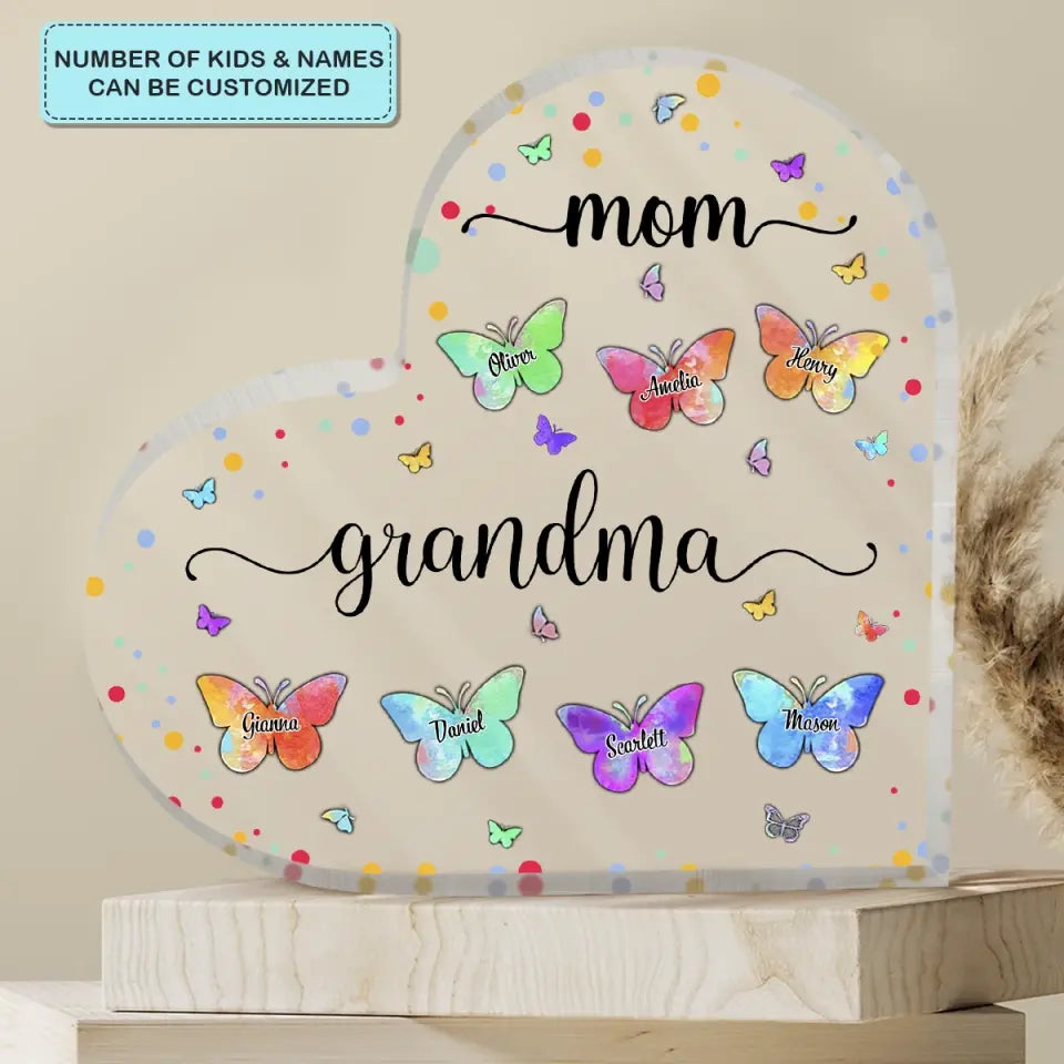 Personalized Heart-shaped Acrylic Plaque - Mother's Day, Birthday Gift For Mom, Grandma - Mom Grandma Butterfly