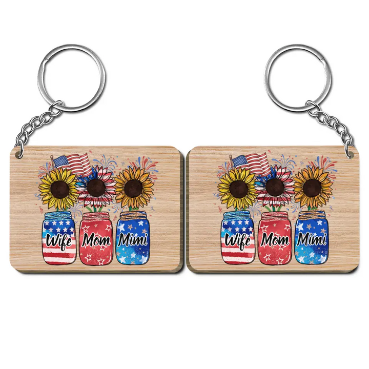 Personalized Custom Wooden Keychain - 4th Of July Gift For Grandma - Flower Jar Independence Day