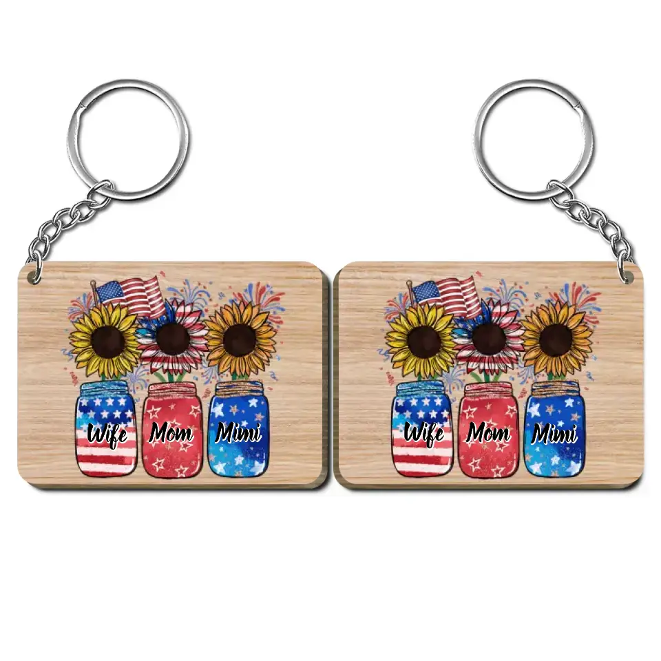Personalized Custom Wooden Keychain - 4th Of July Gift For Grandma - Flower Jar Independence Day