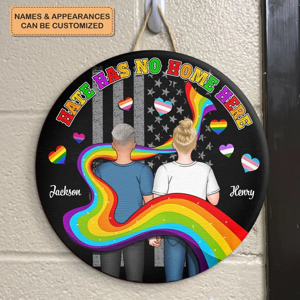 Personalized Custom Door Sign - Anniversary, Valentine's Day, LGBT, Pride Month Gift For Couple - Hate Has No Home Here
