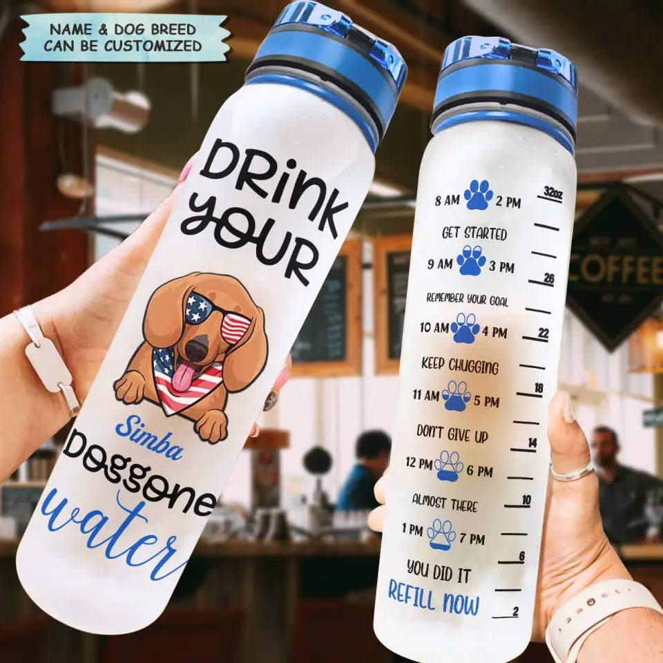 Personalized Custom Water Tracker Bottle - Birthday, Funny Gift For Dog Mom, Dog Dad, Dog Lover, Dog Owner - Drink Your Doggone Water