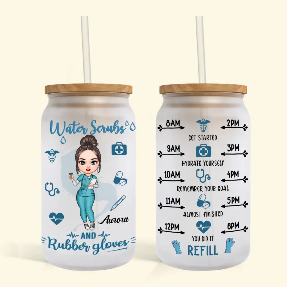 Personalized Custom Glass Can - Birthday, Nurse's Day Gift For Nurse - Water Scrubs And Rubber Gloves
