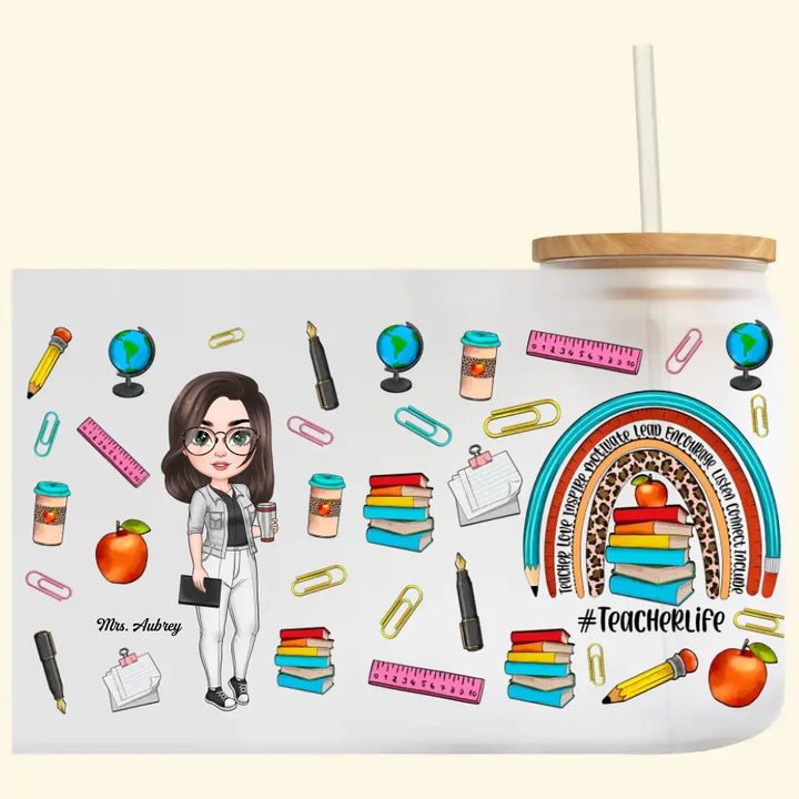 Personalized Custom Glass Can - Teacher's Day, Birthday Gift For Teacher - Teacher Life Leopard Rainbow