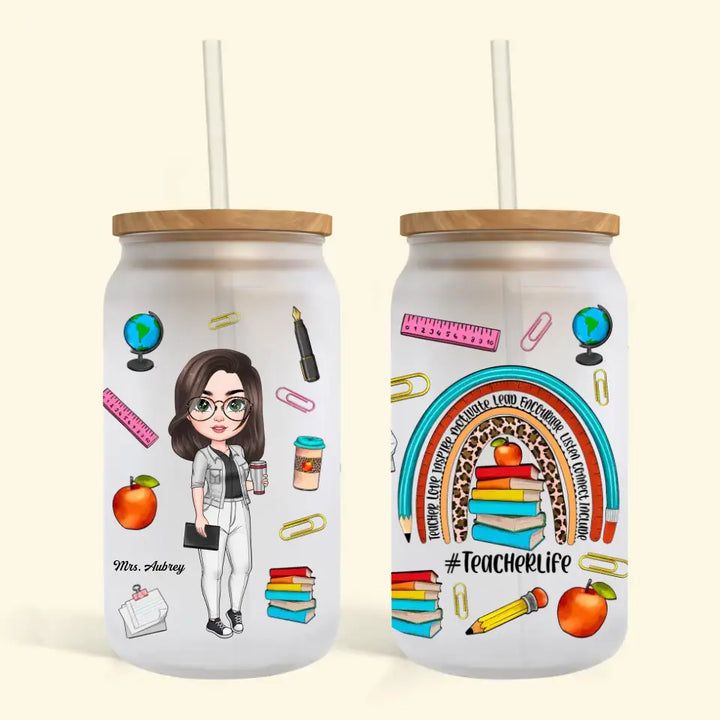 Personalized Custom Glass Can - Teacher's Day, Birthday Gift For Teacher - Teacher Life Leopard Rainbow
