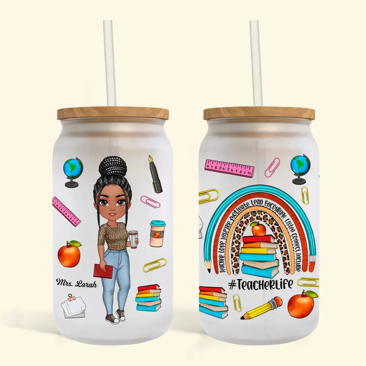Personalized Custom Glass Can - Teacher's Day, Birthday Gift For Teacher - Teacher Life Leopard Rainbow