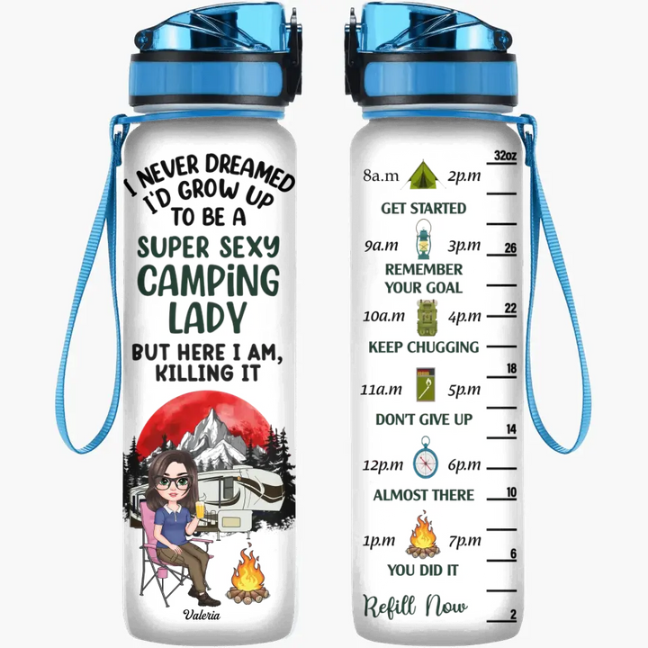 Personalized Custom Water Tracker Bottle - Birthday Gift, Gift For Camping Lover, Friend - Super Sexy Camping Lady