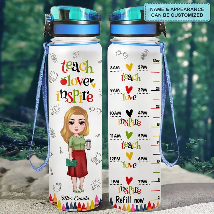 Personalized Custom Water Tracker Bottle - Birthday, Teacher's Day Gift For Teacher - Teach Love Inspire