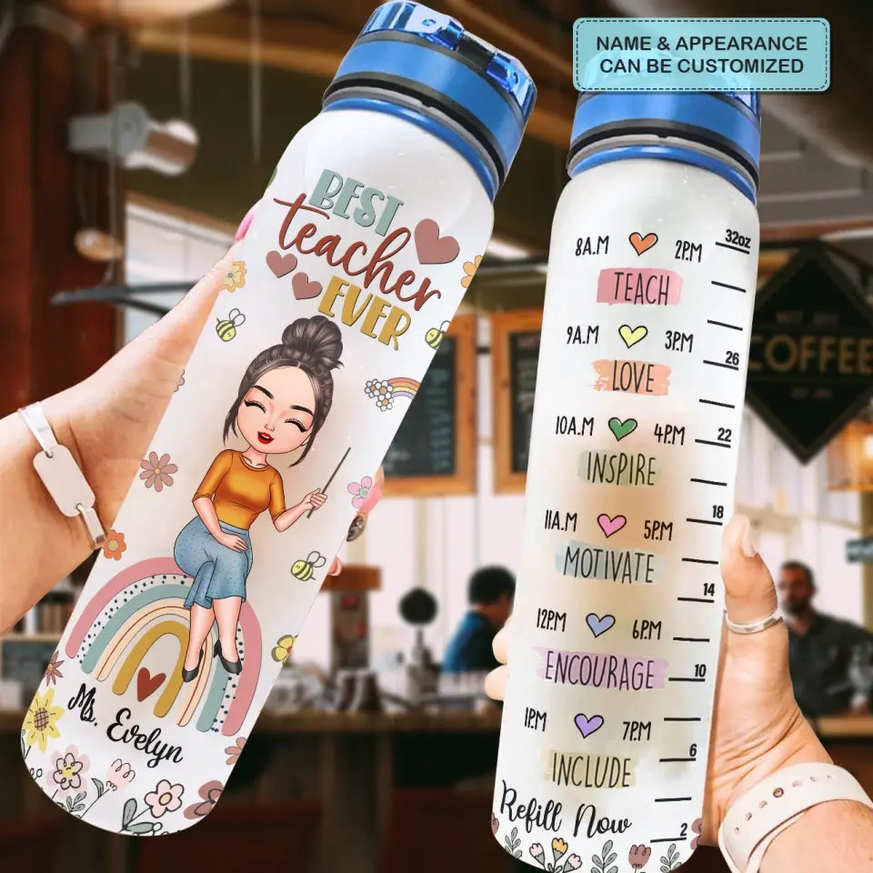 Personalized Custom Water Tracker Bottle - Teacher's Day, Birthday Gift For Teacher - Teach Love Inspire Motivate