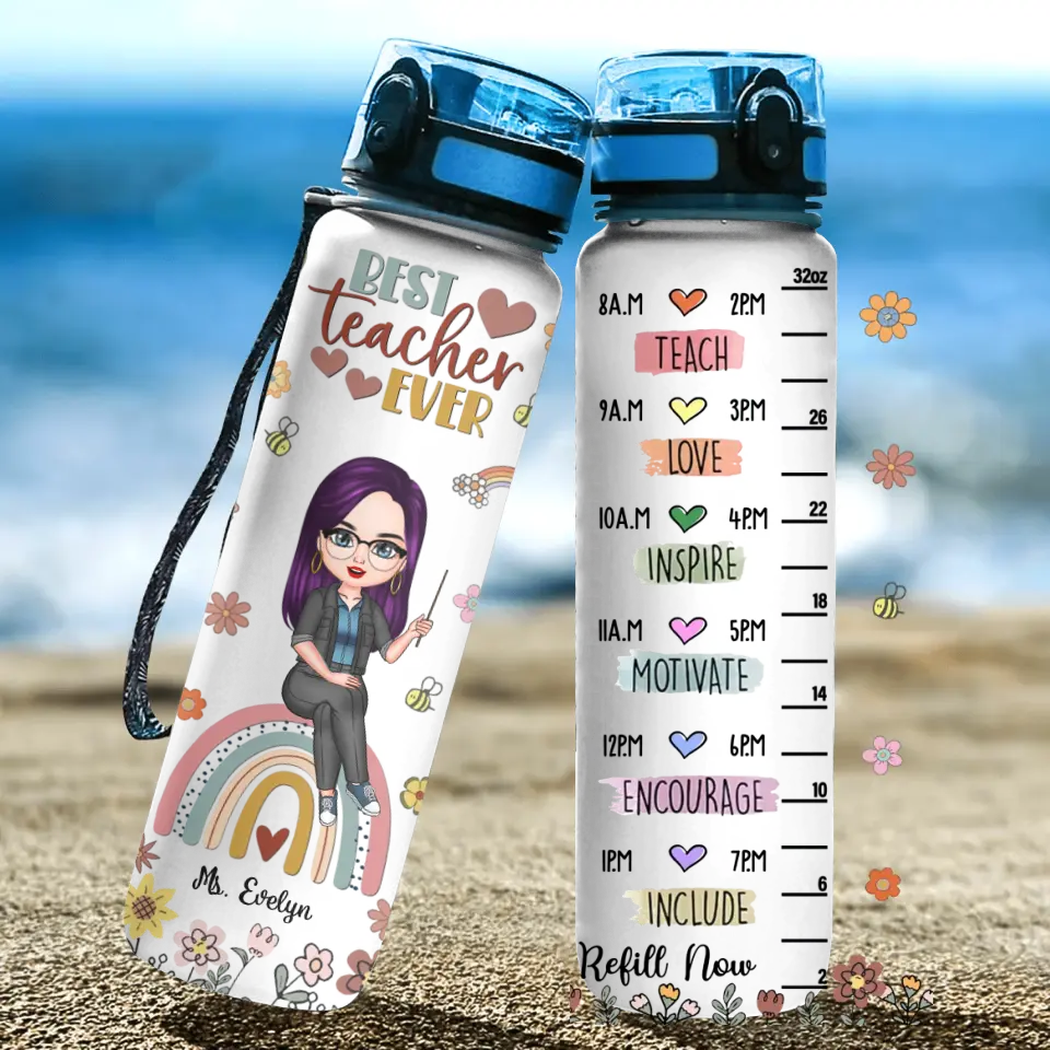 Personalized Custom Water Tracker Bottle - Teacher's Day, Birthday Gift For Teacher - Teach Love Inspire Motivate