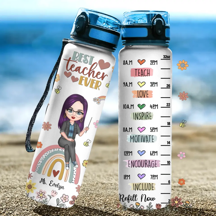 Personalized Custom Water Tracker Bottle - Teacher's Day, Birthday Gift For Teacher - Teach Love Inspire Motivate