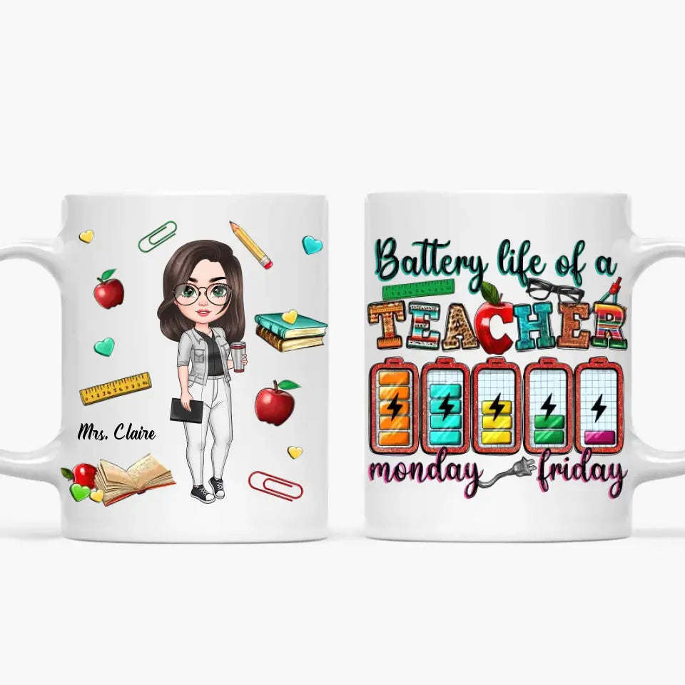 Personalized Custom White Mug - Teacher's Day, Birthday Gift For Teacher - Battery Life Of A Teacher Monday To Friday