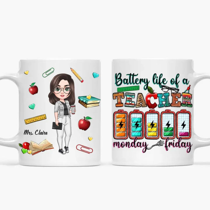 Personalized Custom White Mug - Teacher's Day, Birthday Gift For Teacher - Battery Life Of A Teacher Monday To Friday
