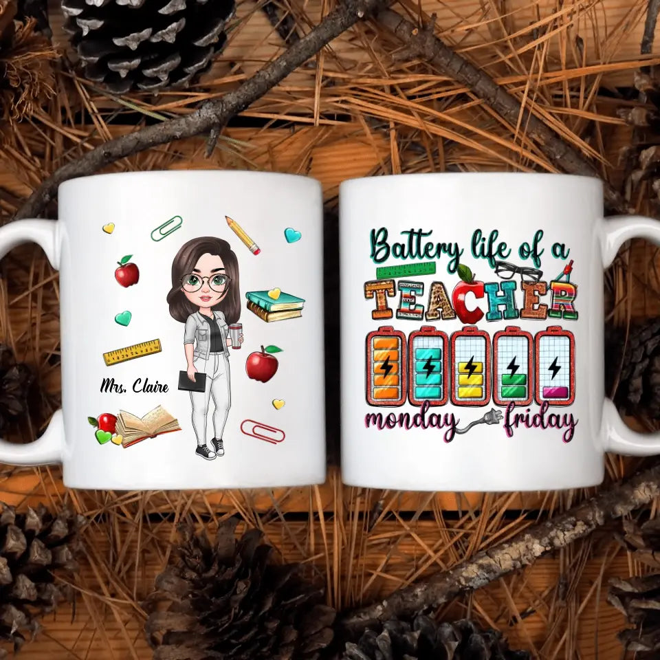 Personalized Custom White Mug - Teacher's Day, Birthday Gift For Teacher - Battery Life Of A Teacher Monday To Friday