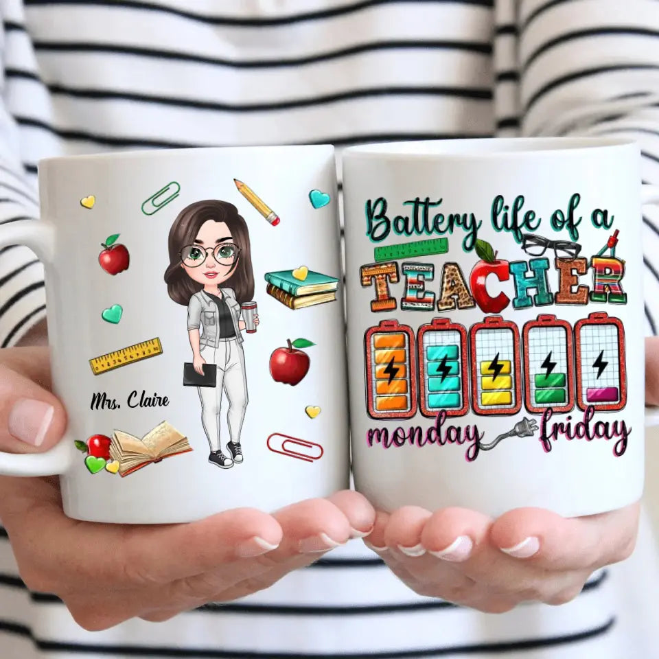 Personalized Custom White Mug - Teacher's Day, Birthday Gift For Teacher - Battery Life Of A Teacher Monday To Friday