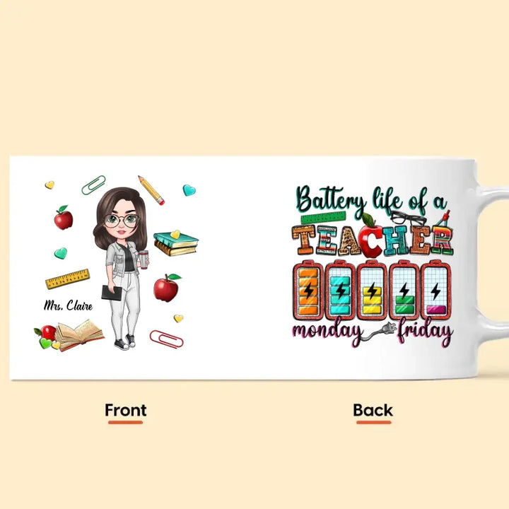 Personalized Custom White Mug - Teacher's Day, Birthday Gift For Teacher - Battery Life Of A Teacher Monday To Friday