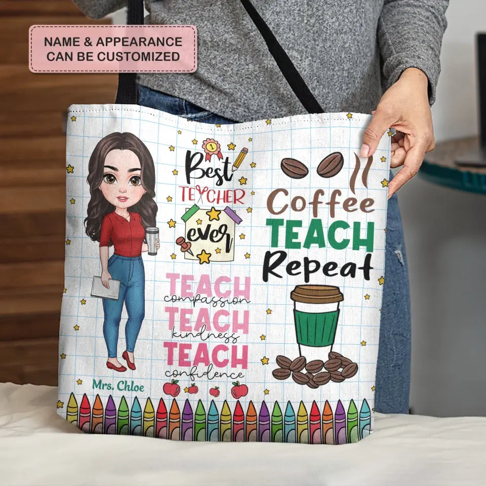 Personalized Custom Tote Bag - Birthday, Teacher's Day Gift For Teacher - Coffee Teach Repeat