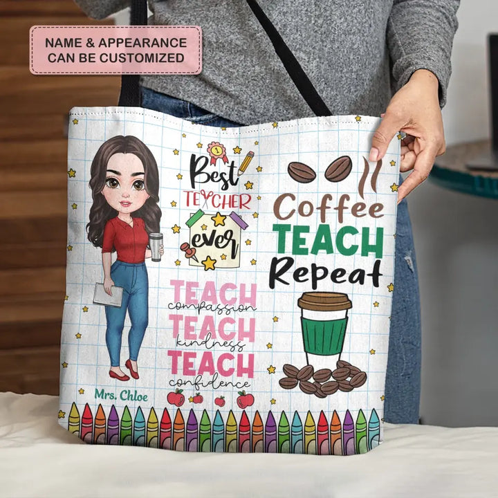 Personalized Custom Tote Bag - Birthday, Teacher's Day Gift For Teacher - Coffee Teach Repeat