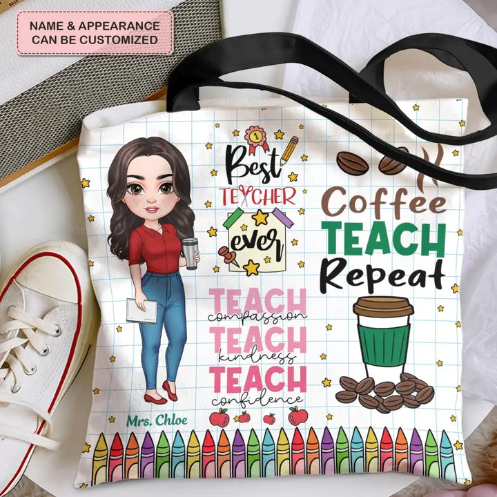 Personalized Custom Tote Bag - Birthday, Teacher's Day Gift For Teacher - Coffee Teach Repeat