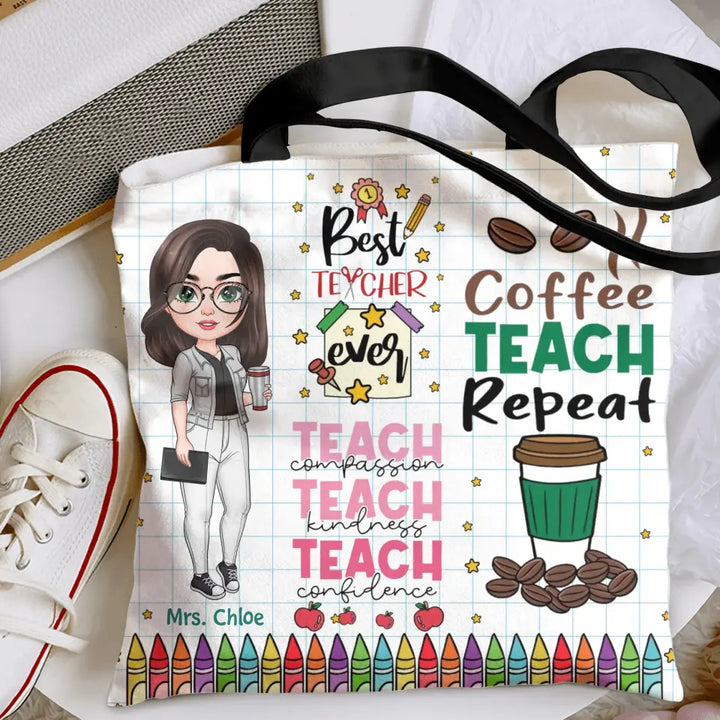 Personalized Custom Tote Bag - Birthday, Teacher's Day Gift For Teacher - Coffee Teach Repeat