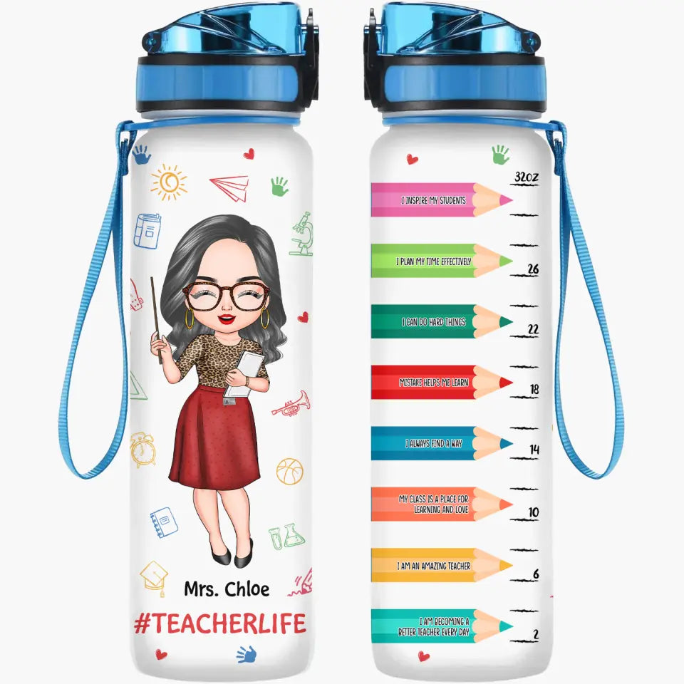 Personalized Custom Water Tracker Bottle - Teacher's Day, Birthday Gift For Teacher - Teacher Crayons
