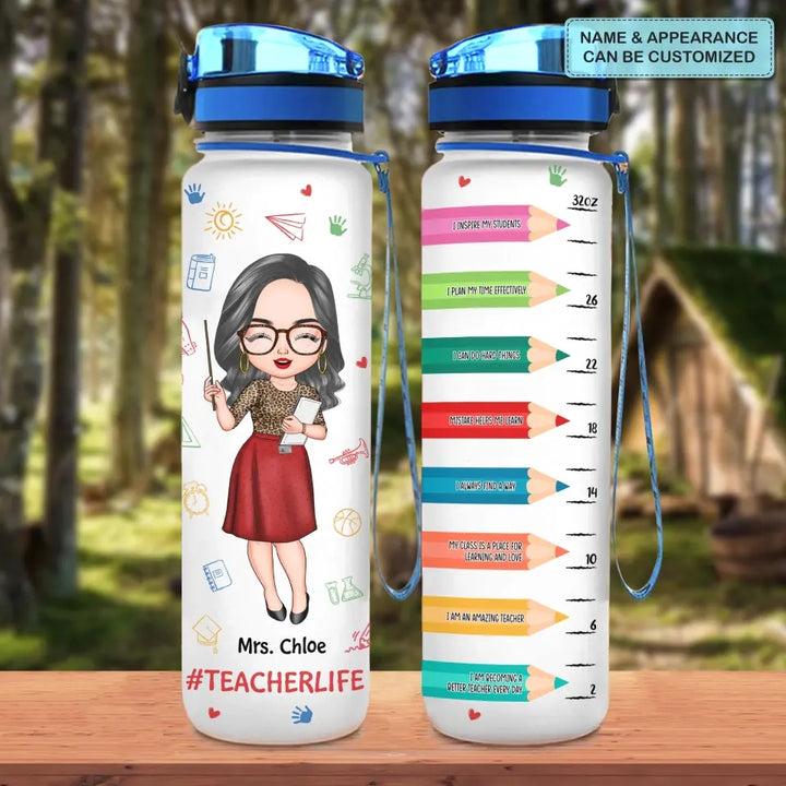 Personalized Custom Water Tracker Bottle - Teacher's Day, Birthday Gift For Teacher - Teacher Crayons