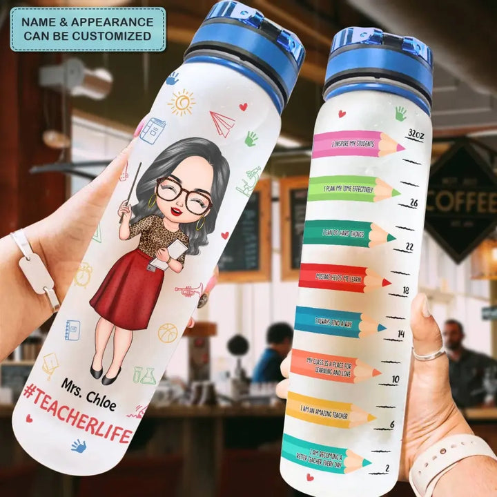 Personalized Custom Water Tracker Bottle - Teacher's Day, Birthday Gift For Teacher - Teacher Crayons