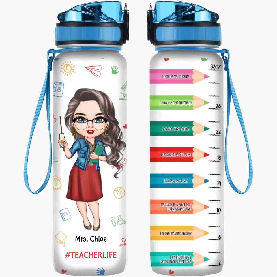 Personalized Custom Water Tracker Bottle - Teacher's Day, Birthday Gift For Teacher - Teacher Crayons