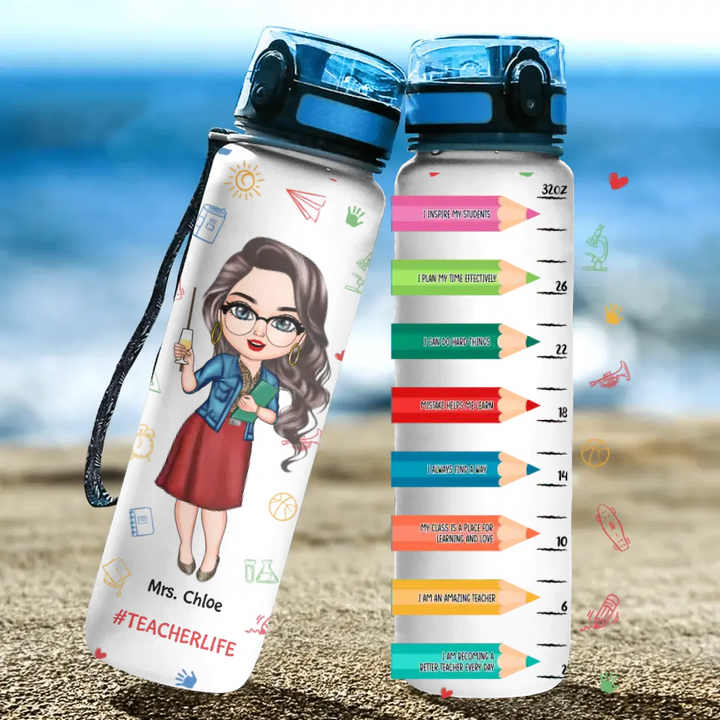 Personalized Custom Water Tracker Bottle - Teacher's Day, Birthday Gift For Teacher - Teacher Crayons