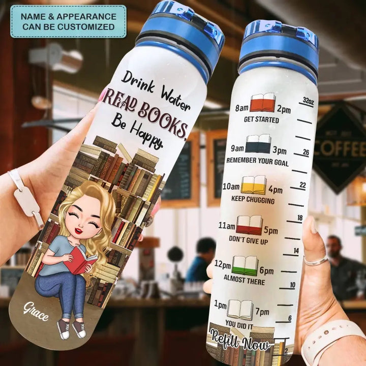 Personalized Custom Water Tracker Bottle - Birthday Gift For Reading Lover - Drink Water Read Books Be Happy