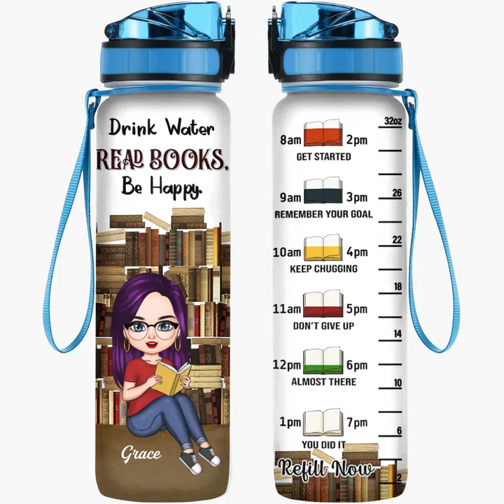 Personalized Custom Water Tracker Bottle - Birthday Gift For Reading Lover - Drink Water Read Books Be Happy