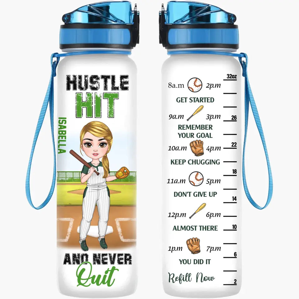 Personalized Custom Water Tracker Bottle - Birthday Gift For Baseball, Softball Lover - Hustle Hit And Never Quit