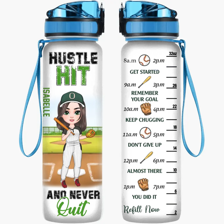 Personalized Custom Water Tracker Bottle - Birthday Gift For Baseball, Softball Lover - Hustle Hit And Never Quit