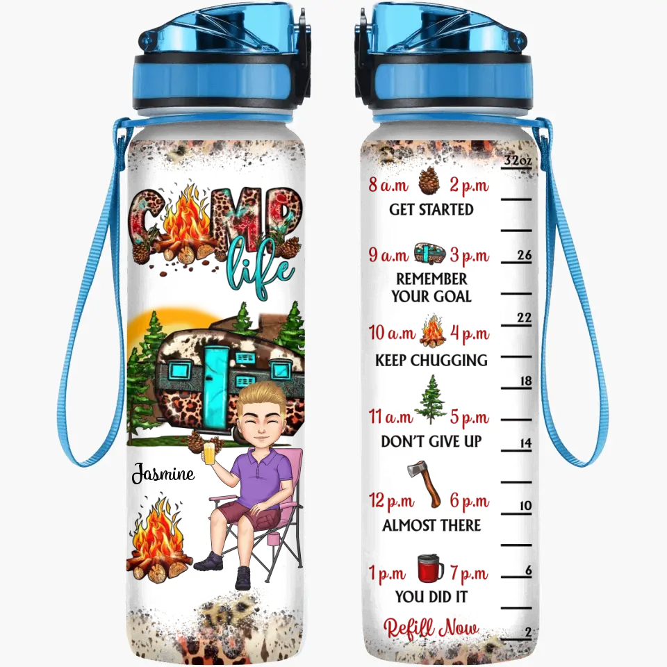 Personalized Custom Water Tracker Bottle - Birthday Gift For Camping Lover, Friend - Camp Life