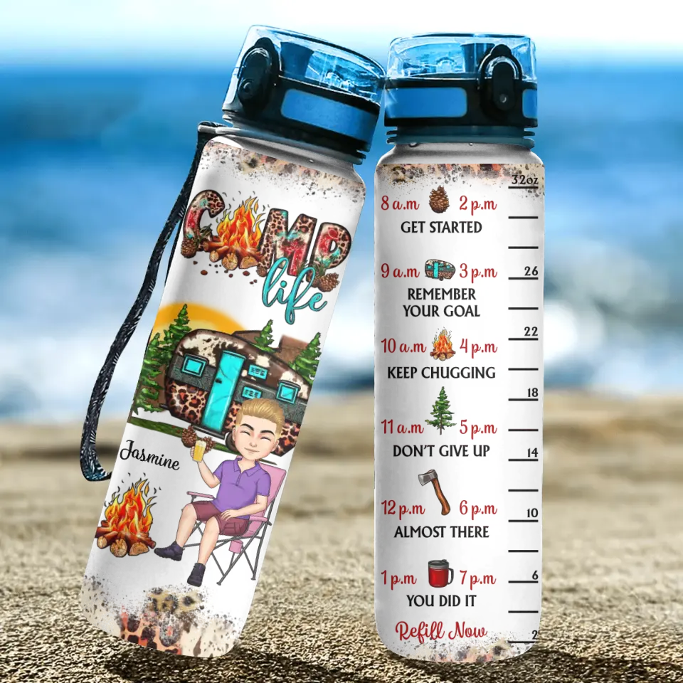 Personalized Custom Water Tracker Bottle - Birthday Gift For Camping Lover, Friend - Camp Life