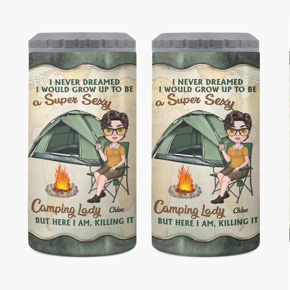 Personalized Custom Can Cooler Tumbler - Birthday Gift For Camping Lover, Friend - Super Sexy Camping Lady
