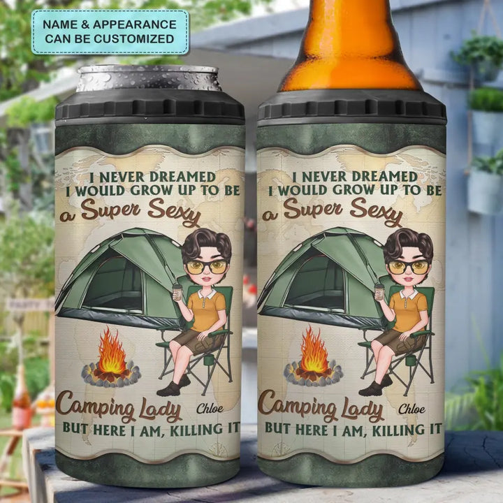 Personalized Custom Can Cooler Tumbler - Birthday Gift For Camping Lover, Friend - Super Sexy Camping Lady