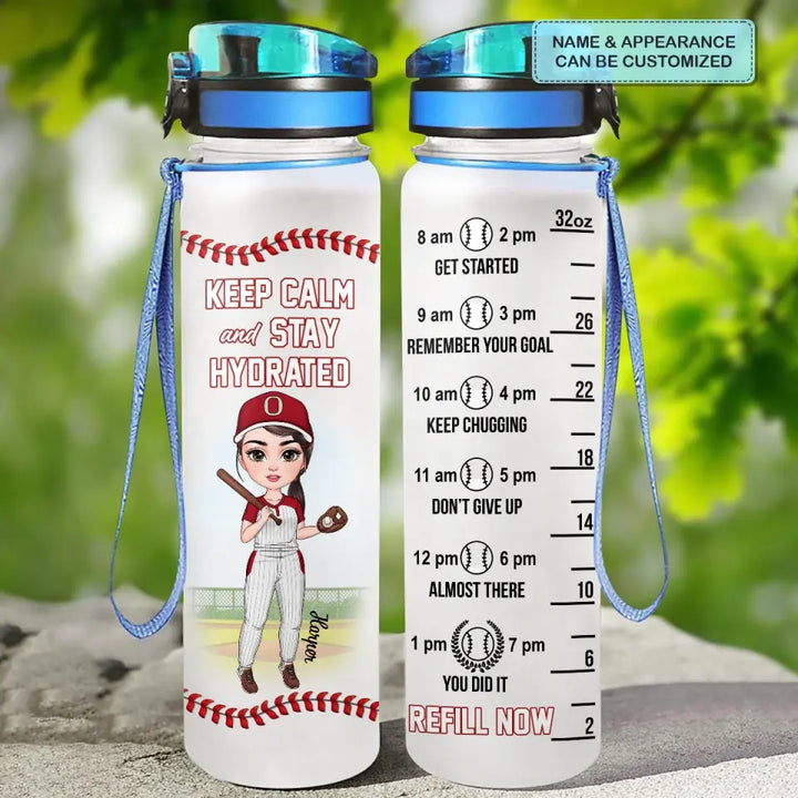 Personalized Custom Water Tracker Bottle - Birthday Gift For Baseball, Softball Lover - Keep Calm And Stay Hydrated