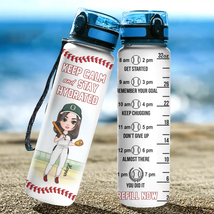 Personalized Custom Water Tracker Bottle - Birthday Gift For Baseball, Softball Lover - Keep Calm And Stay Hydrated