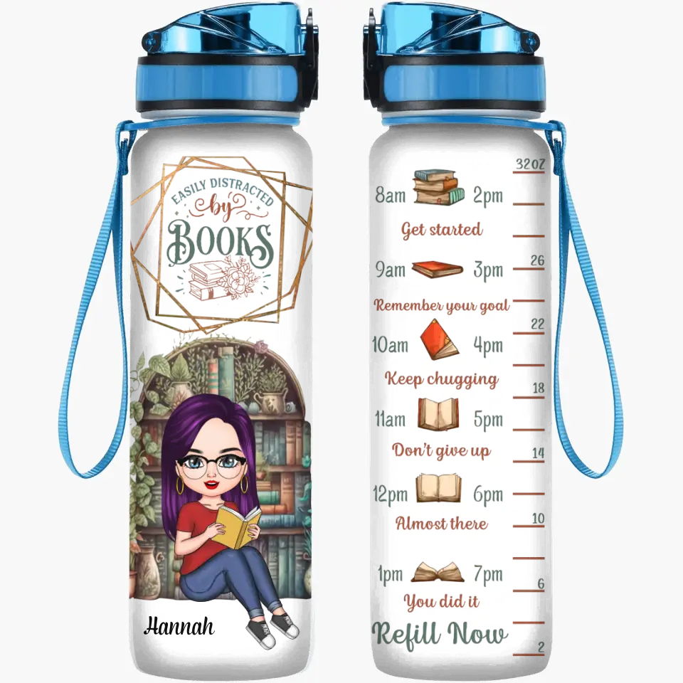 Personalized Custom Water Tracker Bottle - Birthday Gift For Reading Lover - Easily Distracted By Books