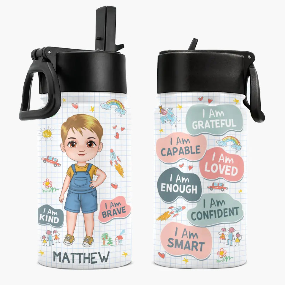 Personalized Custom Kids Insulated Bottle - Birthday, Back To School, Kindergarten, First, Second, Third, Fourth, Fifth Grade, Pre-K Gift For Kid - I Am Grateful Capable