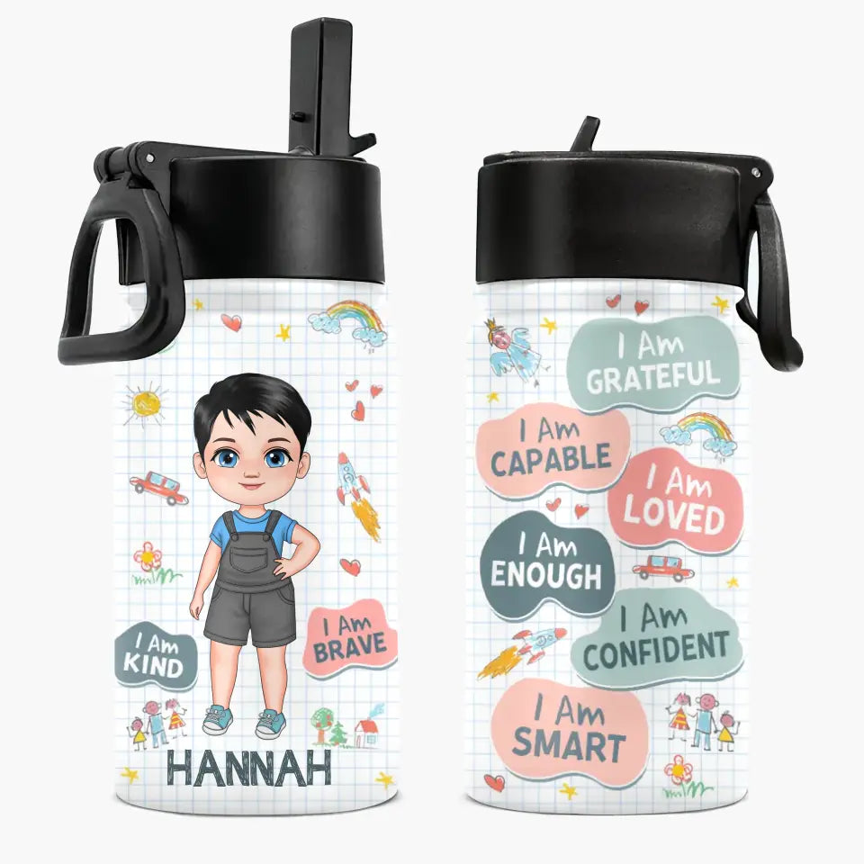 Personalized Custom Kids Insulated Bottle - Birthday, Back To School, Kindergarten, First, Second, Third, Fourth, Fifth Grade, Pre-K Gift For Kid - I Am Grateful Capable
