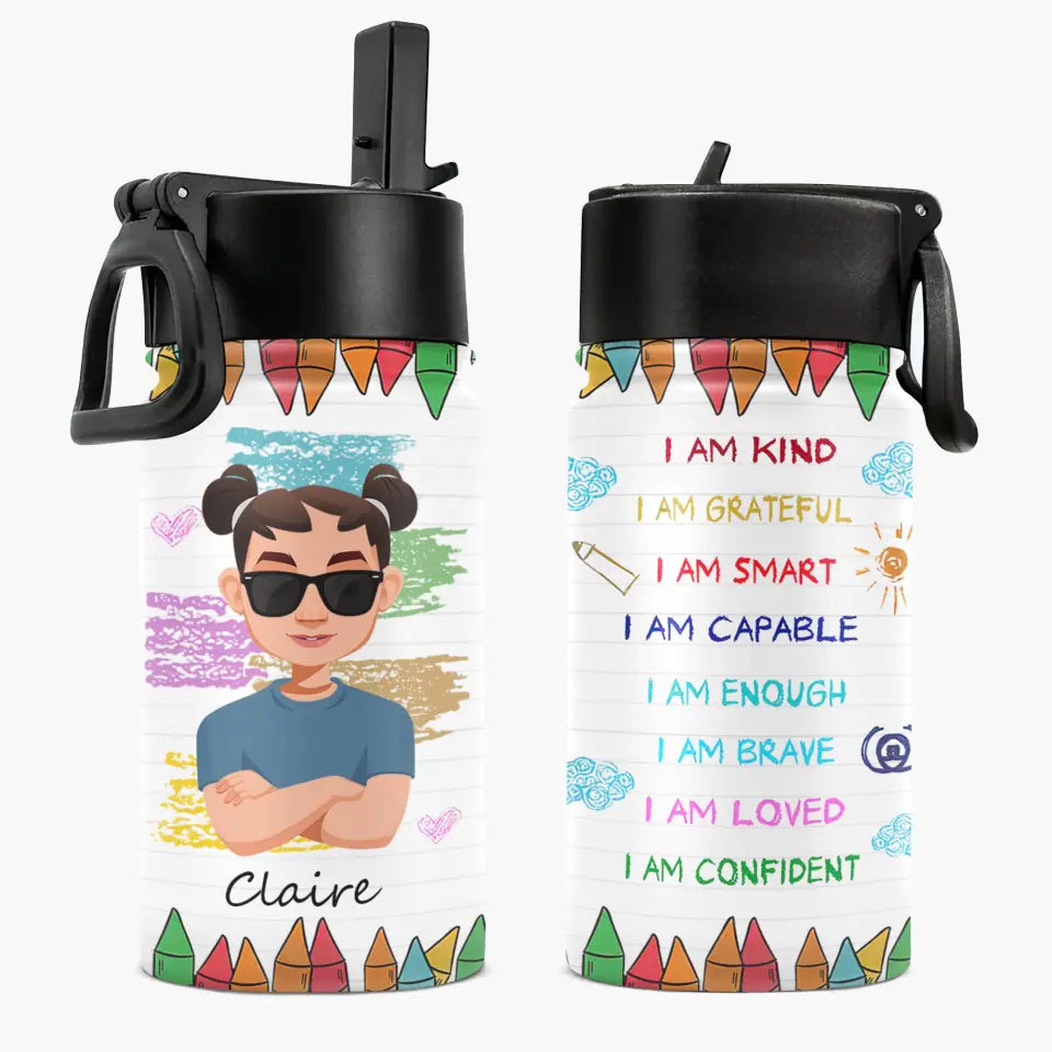Personalized Custom Kids Insulated Bottle - Birthday, Back To School, Kindergarten, First, Second, Third, Fourth, Fifth Grade, Pre-K Gift For Kid - I Am Kind Grateful