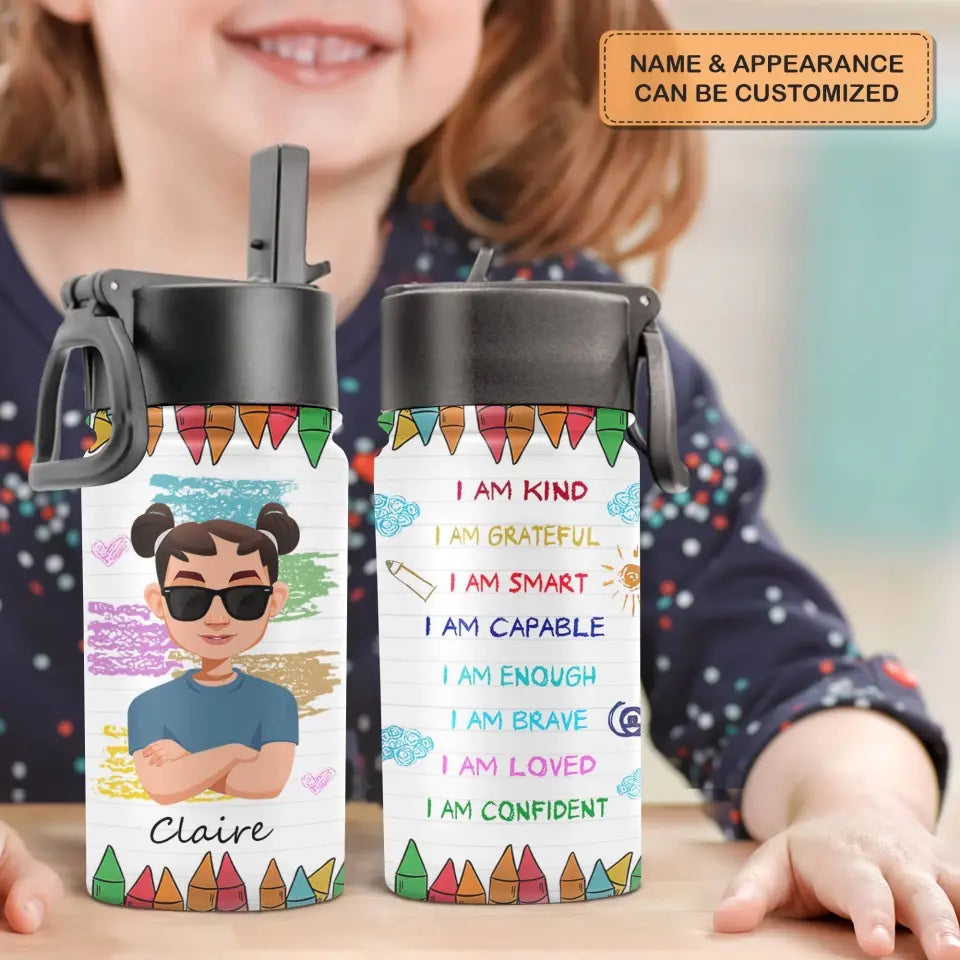 Personalized Custom Kids Insulated Bottle - Birthday, Back To School, Kindergarten, First, Second, Third, Fourth, Fifth Grade, Pre-K Gift For Kid - I Am Kind Grateful